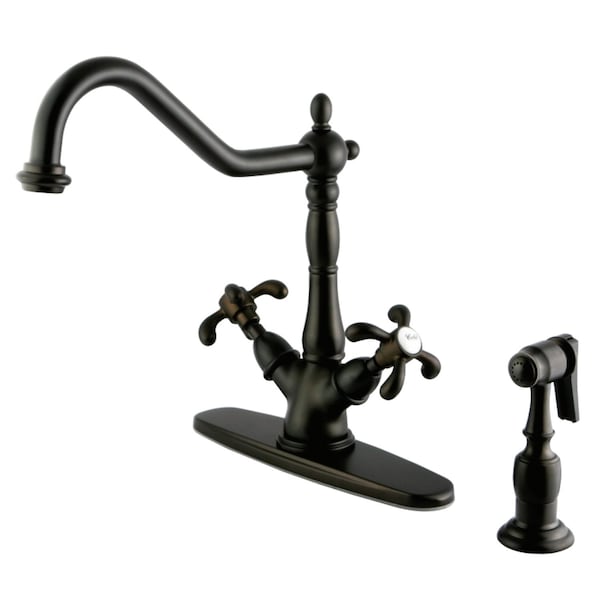 French Country Mono Deck Mount Kitchen Faucet W/ Brass Sprayer, Bronze